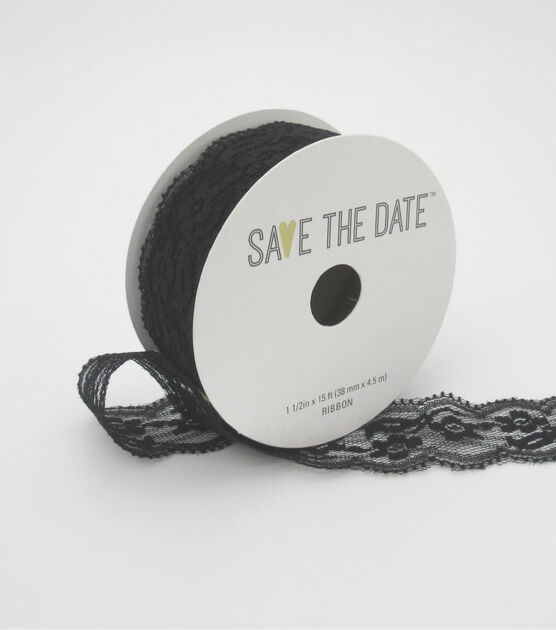 Save the Date 1.5" x 15' Black Lace Ribbon