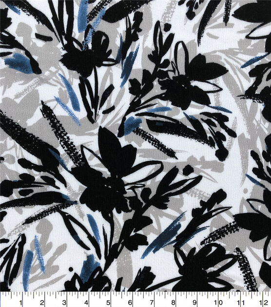 White Black Brushstroke Floral Crinkle Rayon Fabric