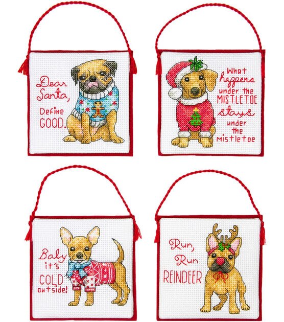 Dimensions 4" Christmas Pups Counted Cross Stitch Ornament Kit 4ct