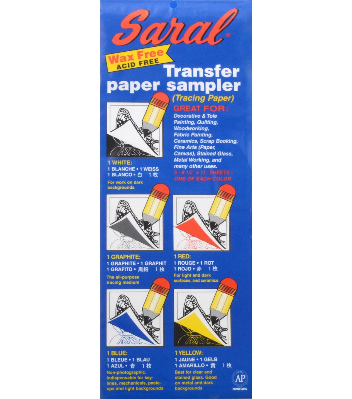 8-1/2 X 12" Sheets 5 Colors Sally's by Saral Wax-Free Transfer Paper Sampler 