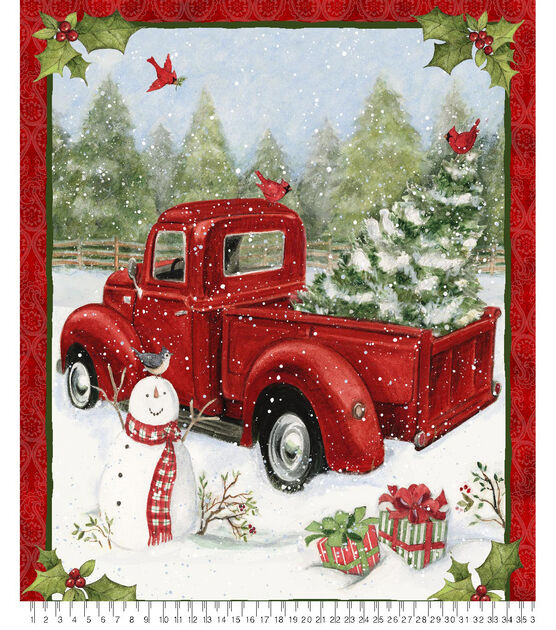 Snowman & Tree on Truck Christmas Quilt Panel Cotton Fabric