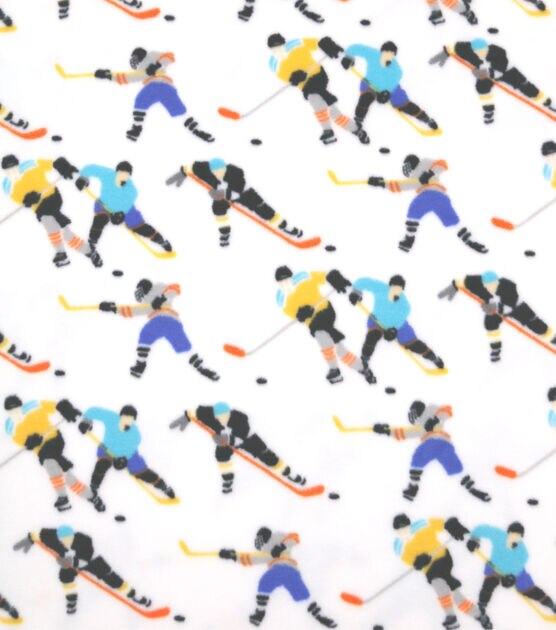 Hockey Players on White Anti Pill Fleece Fabric