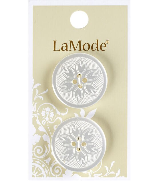 La Mode 1" White Etched Flower 4 Hole Buttons 2pk, , hi-res, image 1