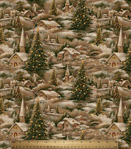 David Textiles Winter Village Scene Christmas Glitter Cotton Fabric, , hi-res, image 2
