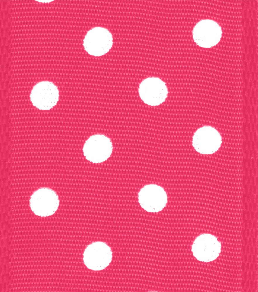 Offray 1.5"x9' Woven Polka Dots Wired Edge Ribbon, Shocking Pink, swatch