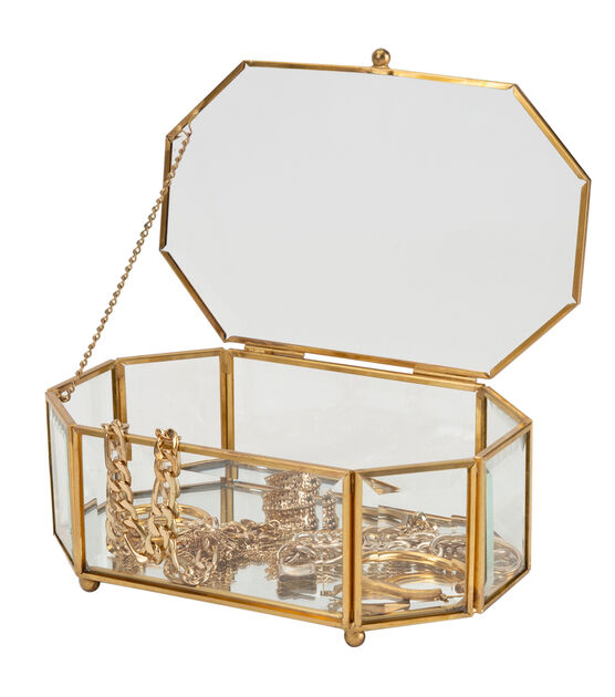 Home Details 7" x 3" Gold Vintage Mirrored Octagonal Glass Keepsake Box, , hi-res, image 7