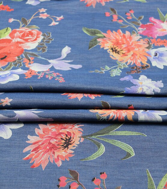 Blue Mum & Iris Floral Cotton Denim Fabric, , hi-res, image 4