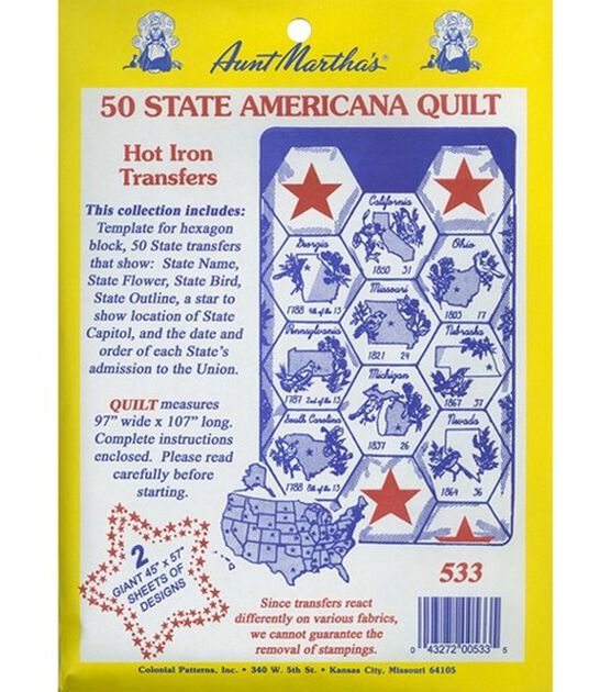 Aunt Martha's 50 State Americana Quilt Hot Iron On Transfer Sheets 5ct