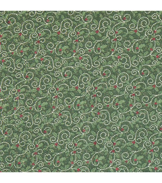 Green Holly Christmas Glitter Cotton Fabric