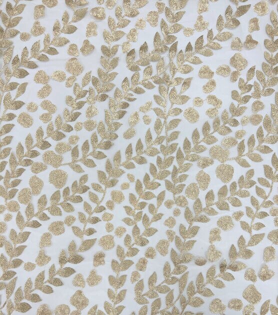 Gold Metallic Leaves Embroidered With Sequin Mesh Fabric by Sew Sweet, , hi-res, image 1