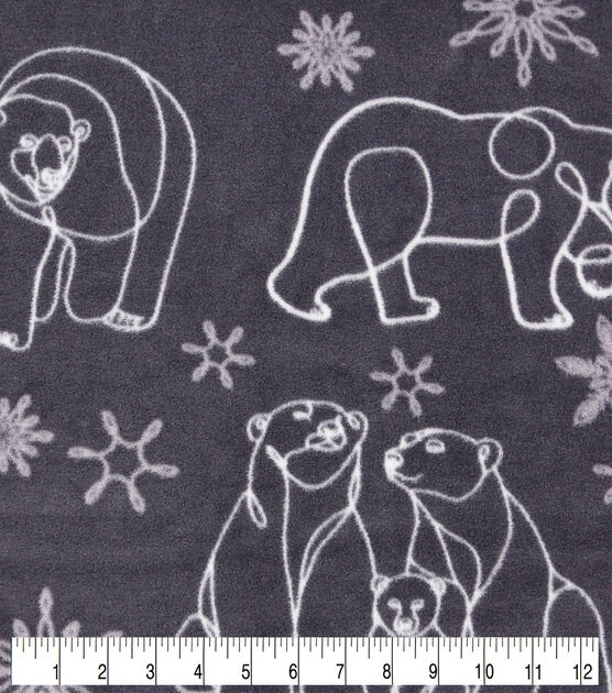 Line Drawn Bears & Snowflakes Gray Anti Pill Fleece Fabric, , hi-res, image 2