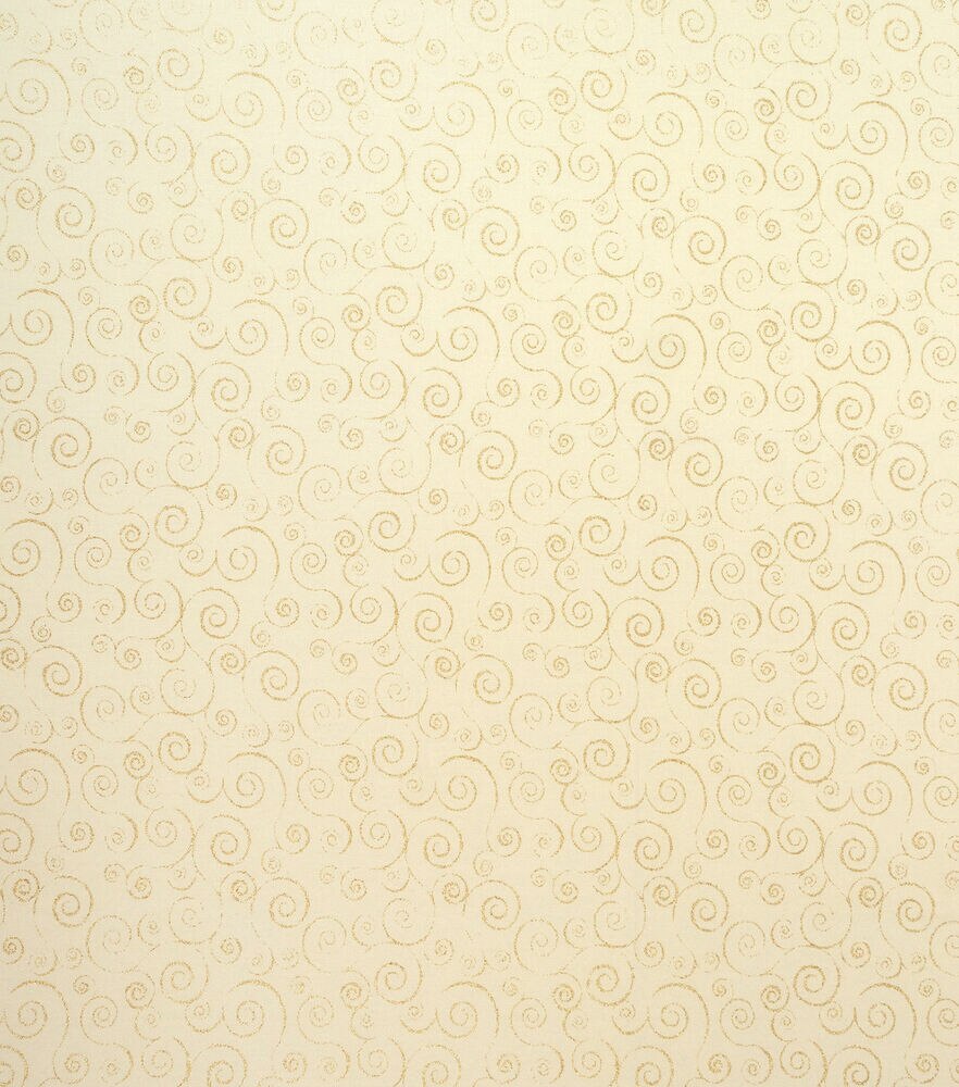 Swirl Vines Christmas Glitter Cotton Fabric, Cream Gold, swatch