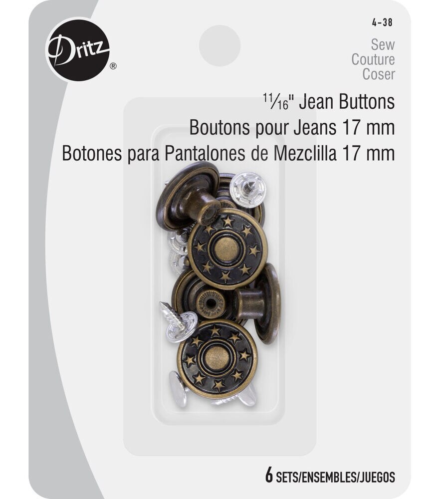 Dritz Jean Buttons, 6 pc, Antique brass, Antique Brass, swatch