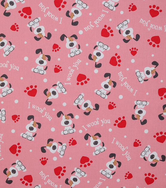 I Woof You on Pink Valentine's Day Cotton Fabric, , hi-res, image 2