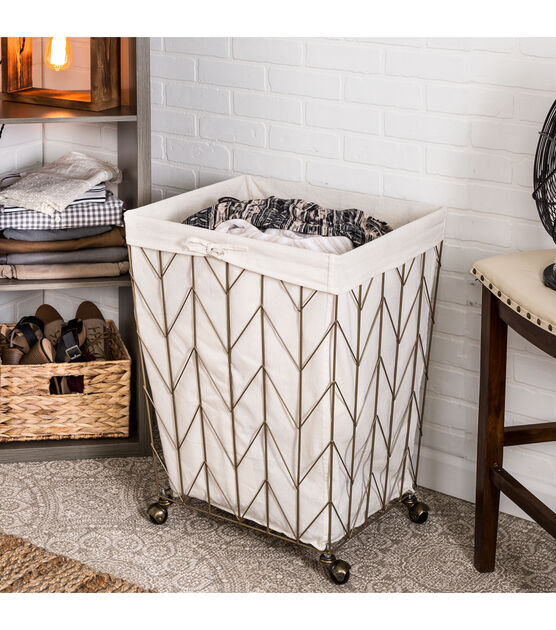 Honey Can Do 25" Bronze Chevron Wire Rolling Hamper With Canvas Liner, , hi-res, image 5