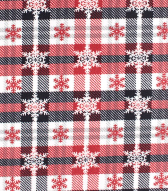 Snowflakes on Red & Black Plaid Anti Pill Fleece Fabric