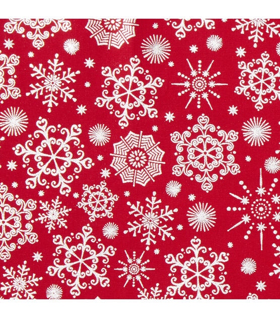 White Snowflakes on Red Christmas Metallic Cotton Fabric