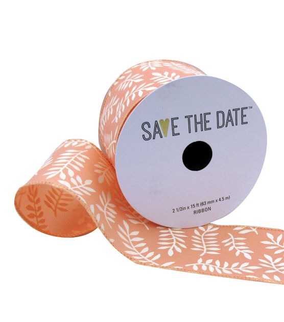 Save the Date 2.5" x 15' Ivory Ferns on Peach Ribbon