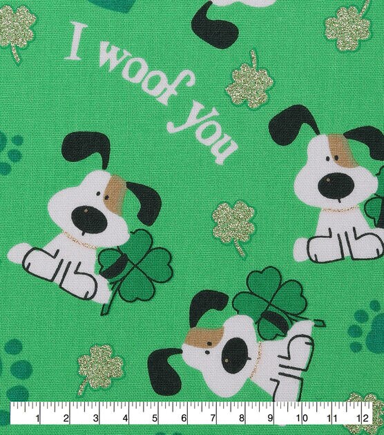 I Woof You & Glitter Shamrocks St. Patrick's Day Cotton Fabric, , hi-res, image 2