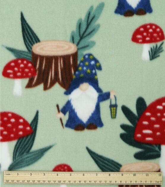 Mushrooms & Gnomes on Green Anti Pill Fleece Fabric, , hi-res, image 3