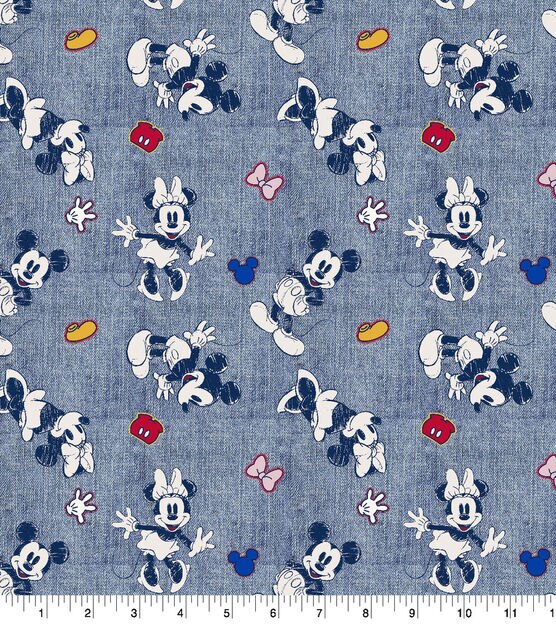 Disney Cotton Fabric Mickey and Minnie Denim Badge Toss
