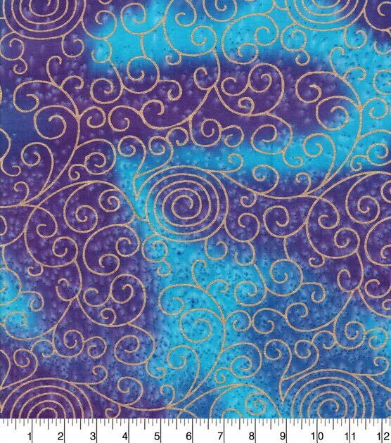 Scrolls on Purple 108" Wide Batik Metallic Cotton Fabric