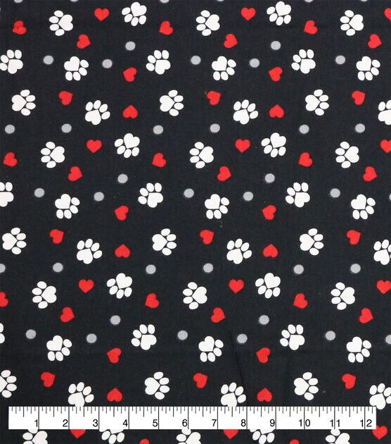 Paw Prints And Hearts On Black Super Snuggle Flannel Fabric