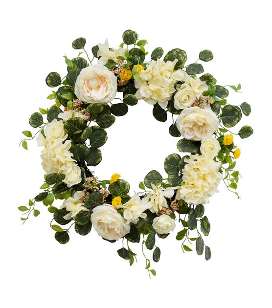 20" Spring Yellow Rose & Hydrangea Wreath by Bloom Room