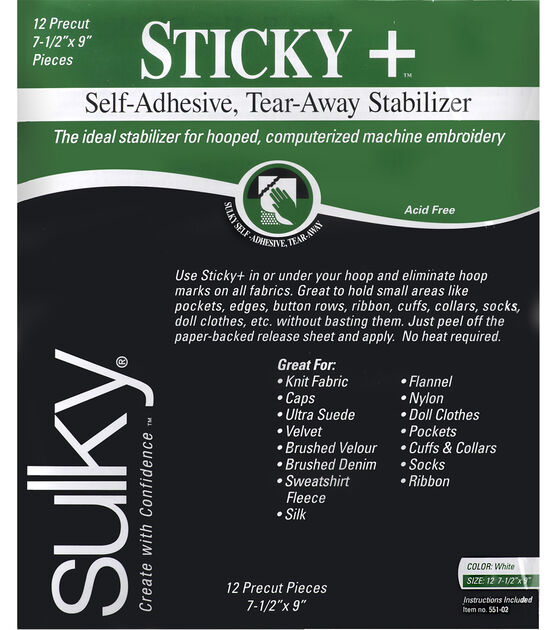 Sulky Sticky + Stabilizer 7 1/2'' x 9 Pre cut Pack White