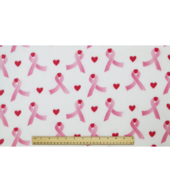 Pink Ribbons & Hearts on White Anti Pill Fleece Fabric, , hi-res, image 4