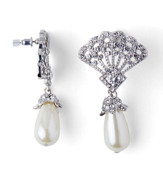 2" Silver Fan Earrings With Teardrop Pearl by hildie & jo, , hi-res, image 3