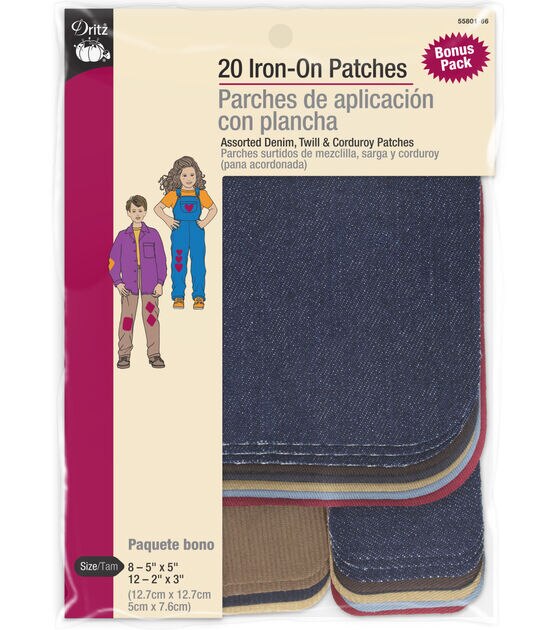 Dritz Iron-On Patches, Twill &  Corduroy, 20 pc, Assorted