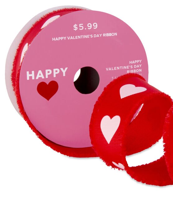 Happy Valentines Day Ribbon 1-1/4 x 50yards, White Ribbon, Red Print -  Valentines - Ribbon Sale