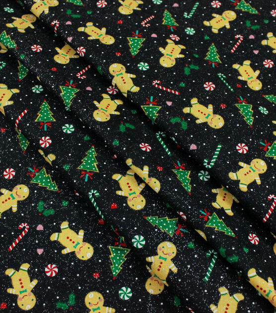Gingerbread & Cookies on Black Glitter Christmas Cotton Fabric, , hi-res, image 2