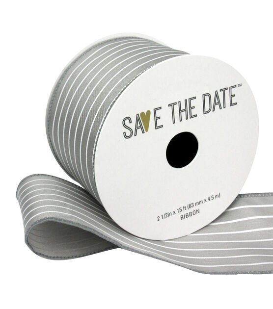 Save the Date 2.5"x15' White Stripes Gray Woven Ribbon