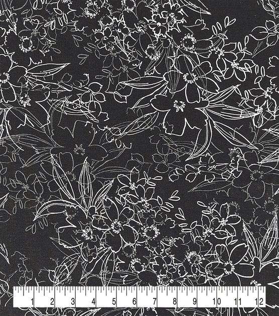 White Sketch Floral on Black Quilt Cotton Fabric by Keepsake Calico, , hi-res, image 3