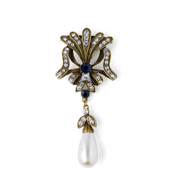 4" Antique Gold Crystal & Pearl Dangle Pin by hildie & jo, , hi-res, image 2