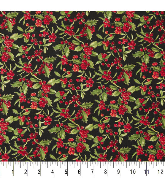 Fabric Traditions Holly Leaves & Berries Christmas Glitter Cotton Fabric, , hi-res, image 3