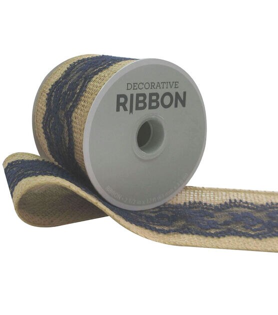 Decorative Ribbon Lace on Burlap 2.5''x12' Navy