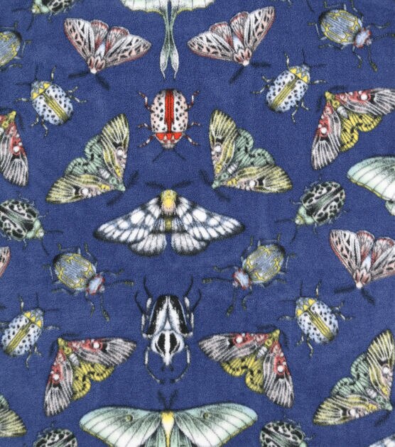 Moths on Navy Anti Pill Fleece Fabric, , hi-res, image 1