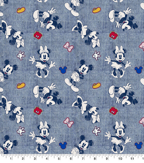 Disney Cotton Fabric Mickey and Minnie Denim Badge Toss