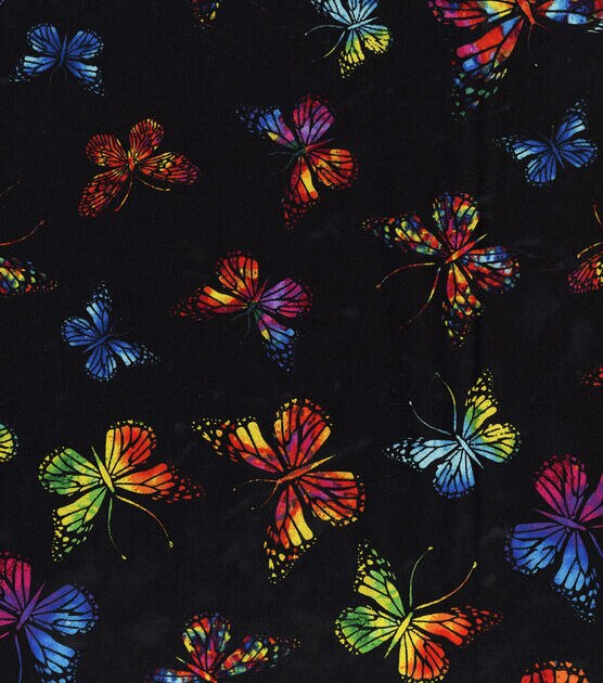 Hi Fashion Vibrant Butterflies On Black Premium Print Cotton Fabric