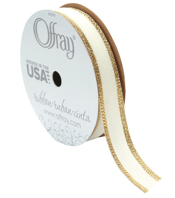 Offray Metallic Edge Grosgrain Ribbon 5/8"x9' White and Gold, , hi-res, image 3