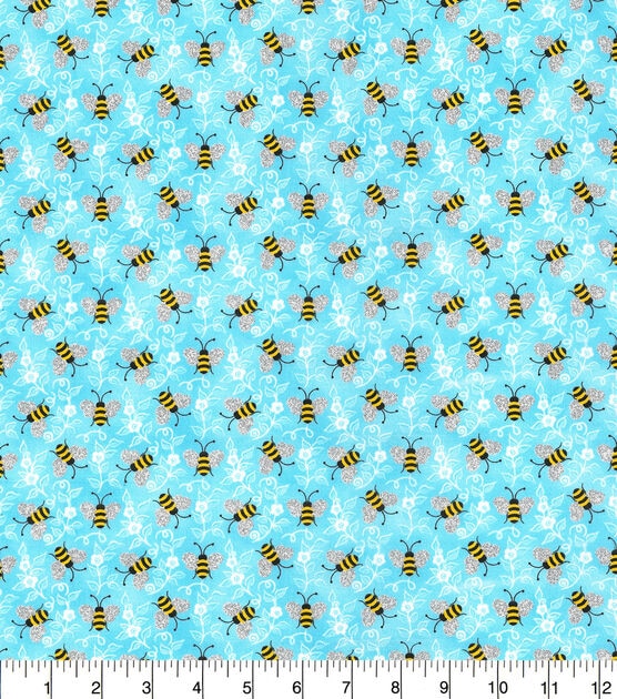 Fabric Traditions Bumblebees Light Blue Novelty Glitter Cotton Fabric