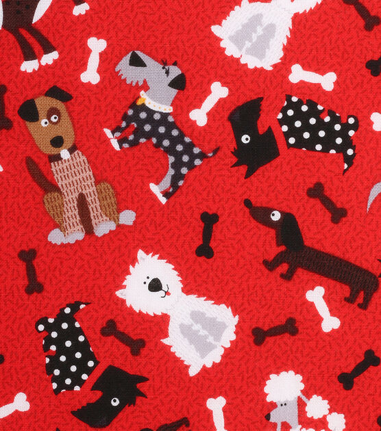 Novelty Cotton Fabric  Tossed Dogs On Red