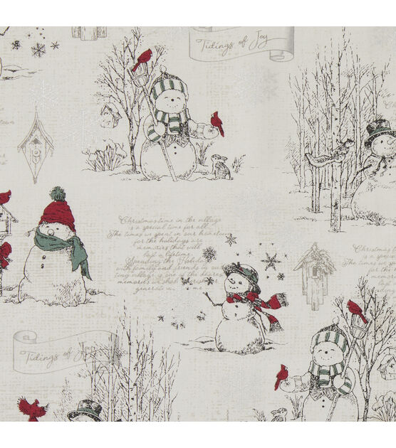 Happy Snowman on Cream Christmas Metallic Cotton Fabric