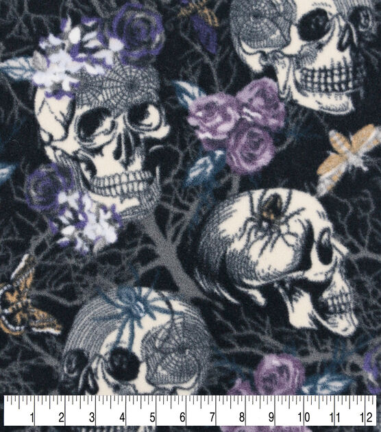 Purple & White Floral Skulls Anti Pill Fleece Fabric, , hi-res, image 3