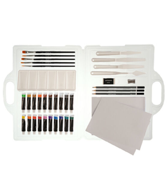 arteza gouache paint kit, 21 pieces art set, 12 gouache art paint tubes, 5  acrylic brushes, paper pad, plastic palette, and w