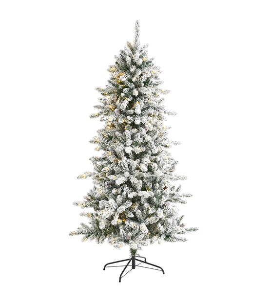 Nearly Natural 6.5' Clear Pre Lit Flocked Livingston Fir Christmas Tree