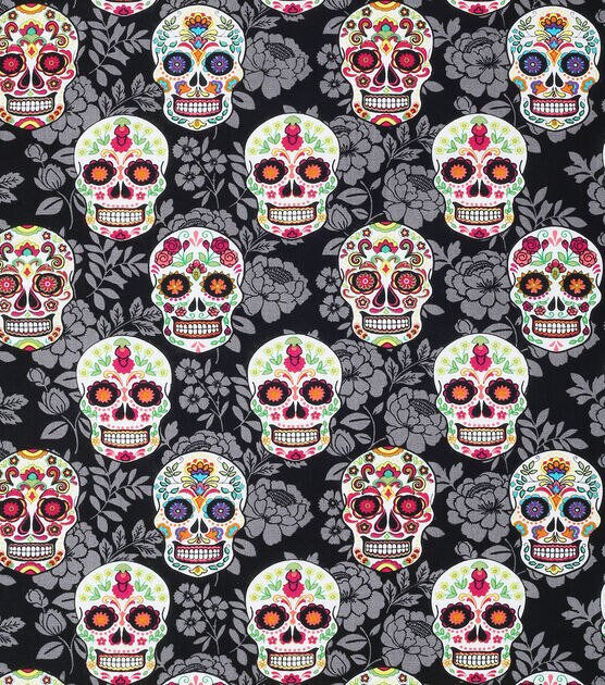 Novelty Cotton Fabric  Decorative Skulls On Black Floral